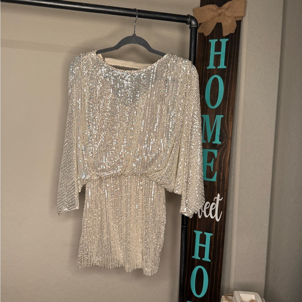 Sequined Mini Dress in Champagne - Women's Party Dress